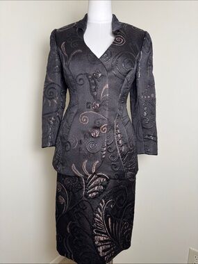 Vintage Lourdes Chavez Silk Wool Brocade Jacquard Blazer Skirt Suit Set